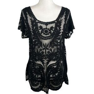 M.Frederic Black Floral Goth Whimsical Whimsigoth Fairy Grunge Short Sleeve Top